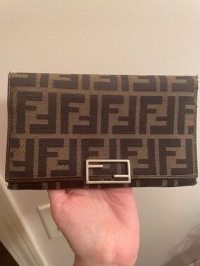 Authentic Fendi Brown and Gold FF Logo Clasp Wallet